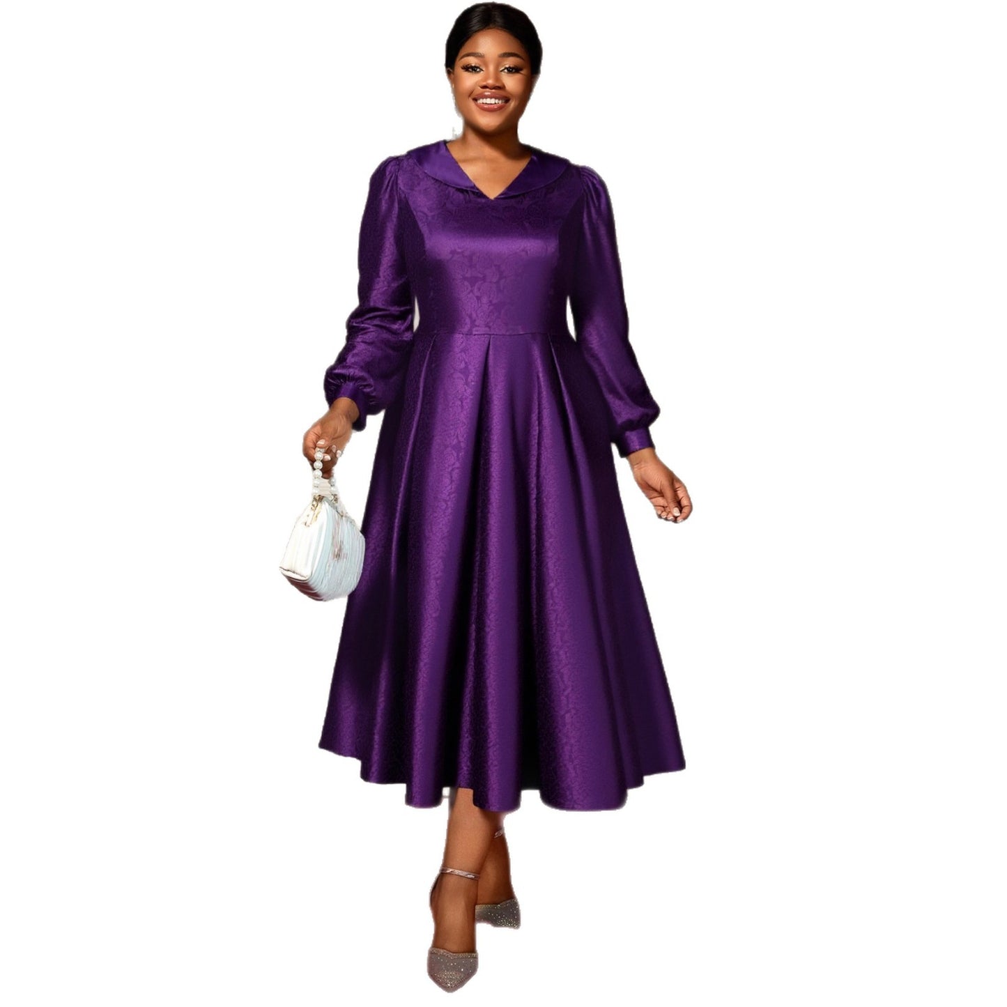 Women's Satin Jacquard Lantern Long Sleeve Swing Dresses
