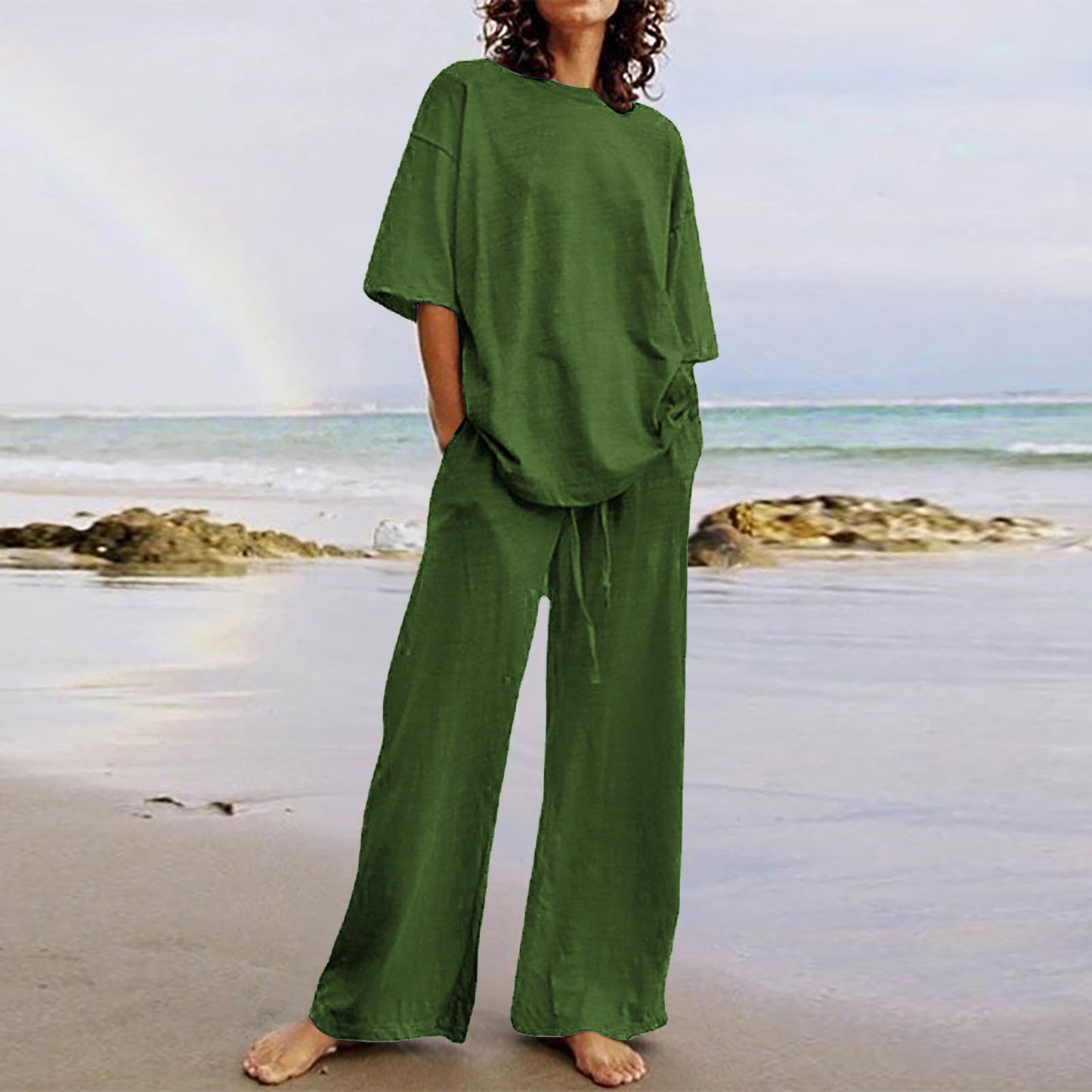 Women's Summer Casual Belt Pocket Half Sleeve Collar Suits