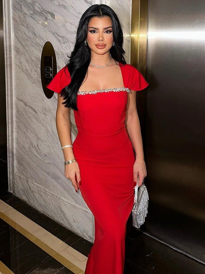 Fashion Shoulder Sleeve Rhinestone Square Collar Dresses