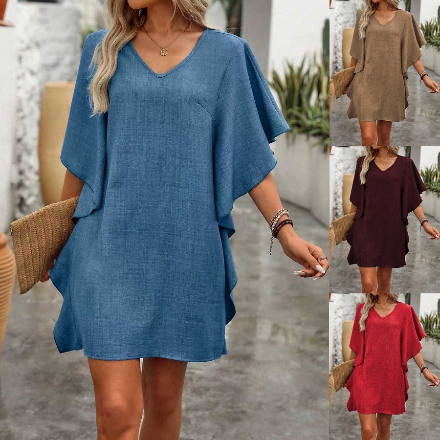 Women's Summer Solid Color Loose Lotus Leaf Dress