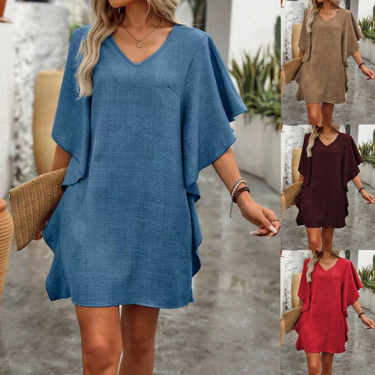 Women's Summer Solid Color Loose Lotus Leaf Dress