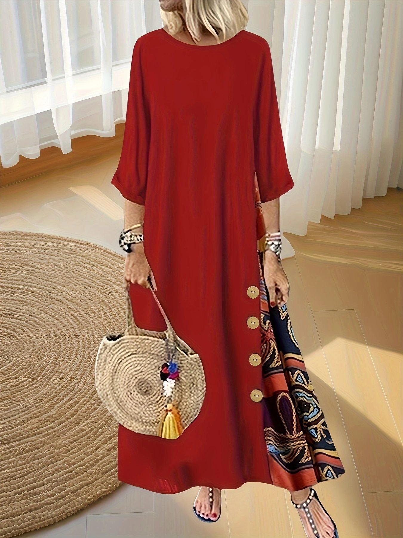 Autumn Temperament Button Printed Round Neck Dress
