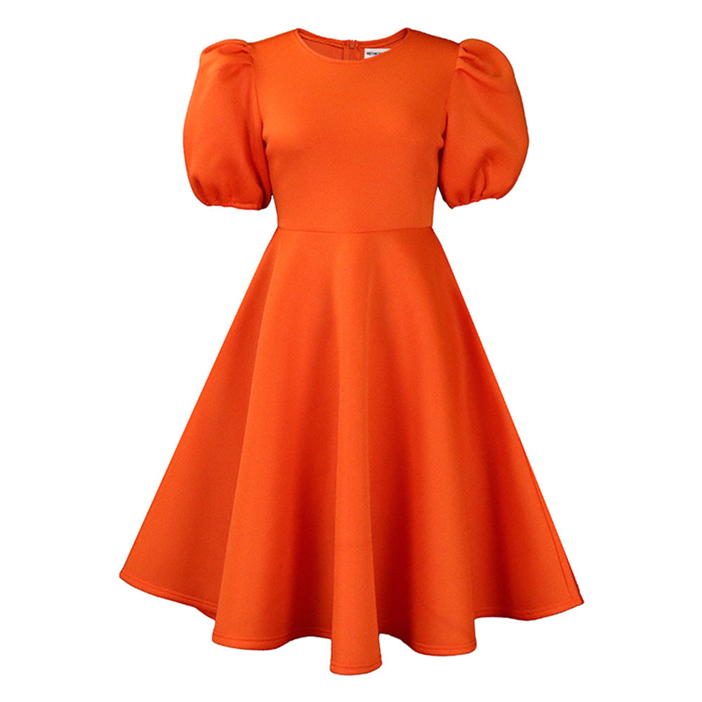 Neck Graceful Puff Sleeve Large Hem Dress