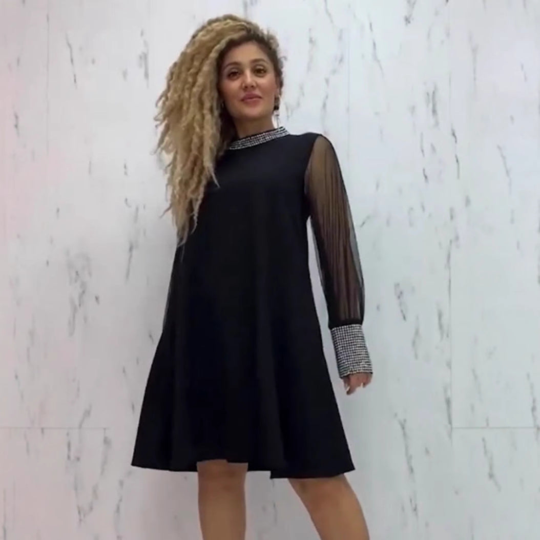 Casual Women's Solid Color Diamond Long-sleeved Dress