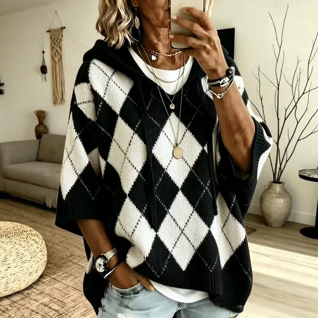 Knitted Plaid Printed Casual Hooded Drawstring Tops