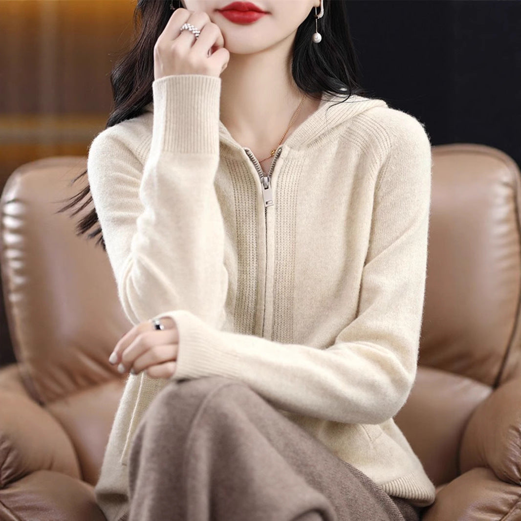 Women's Elegant Double Zipper Hooded Solid Color Sweater