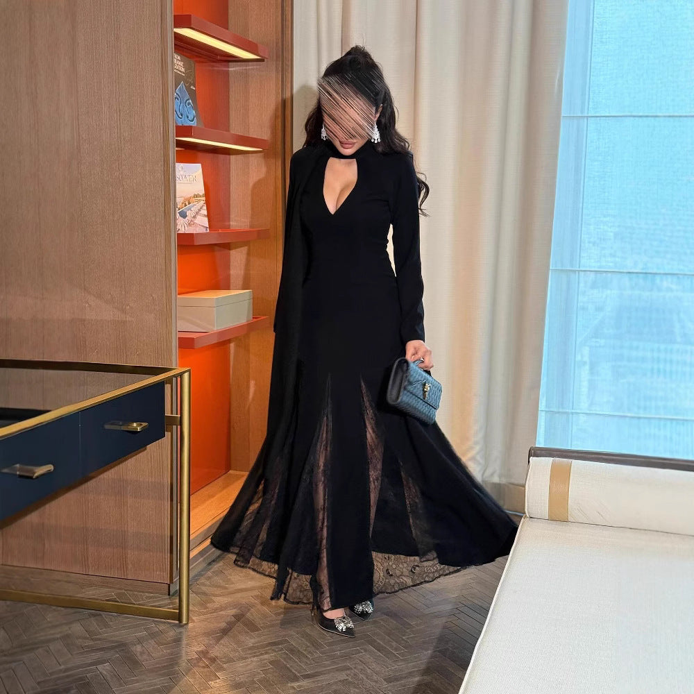 Women's Round Neck Stitching Lace Long Sleeve Slim Dresses