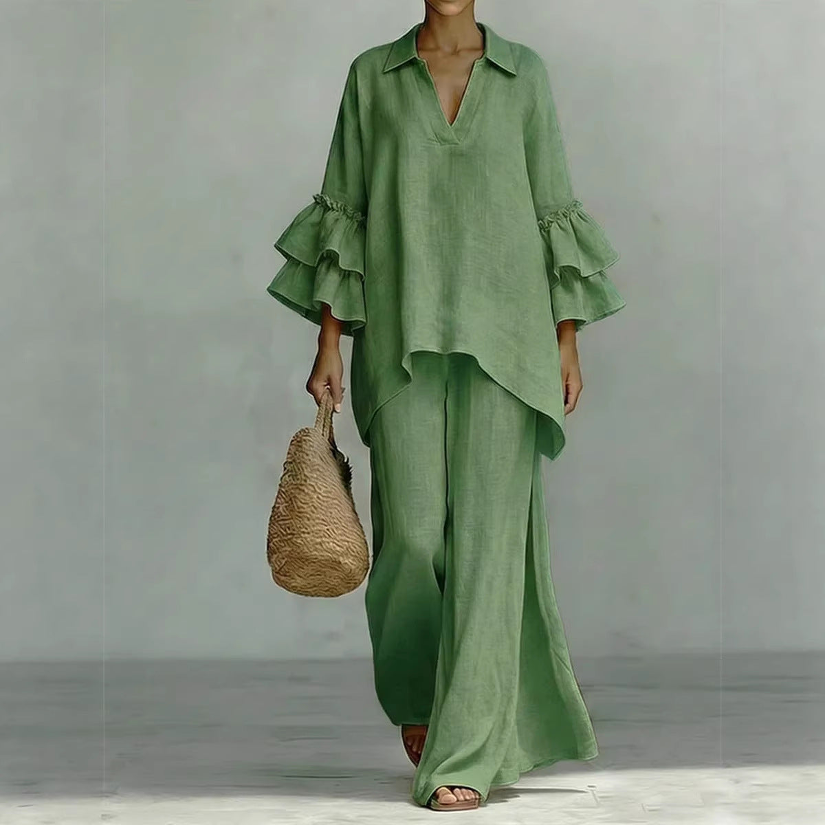 Women's Solid Color Shirt Collar Loose Trousers Fashion Casual Suit