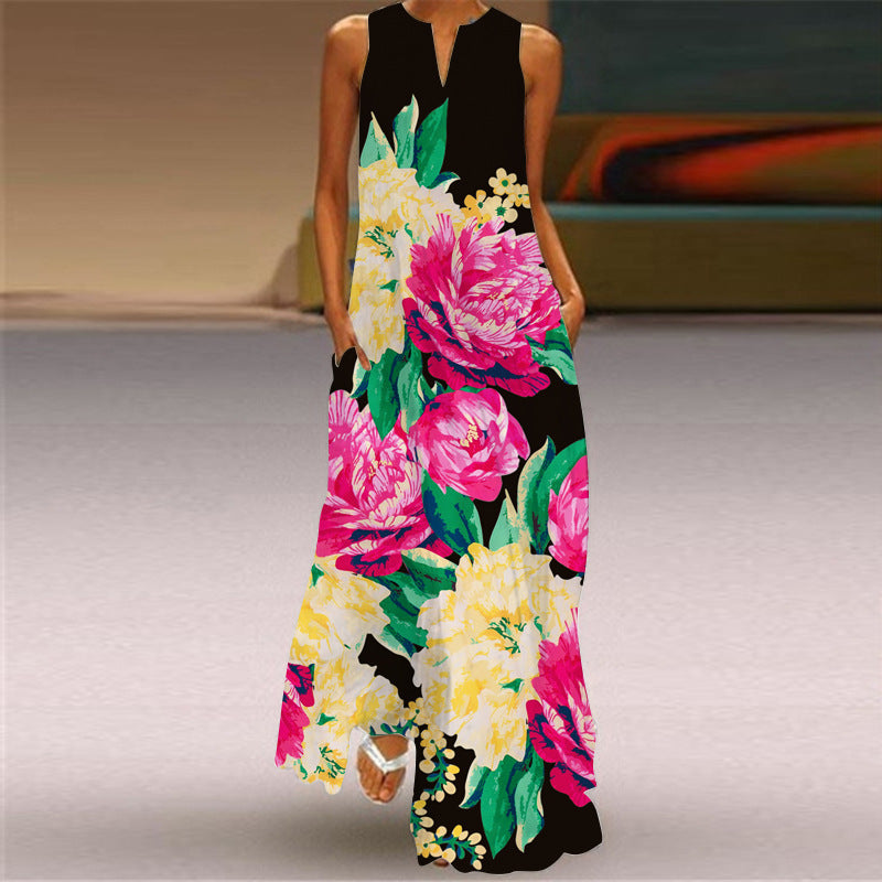 Women's Summer Sleeveless Vintage Printed Dress Long Dresses