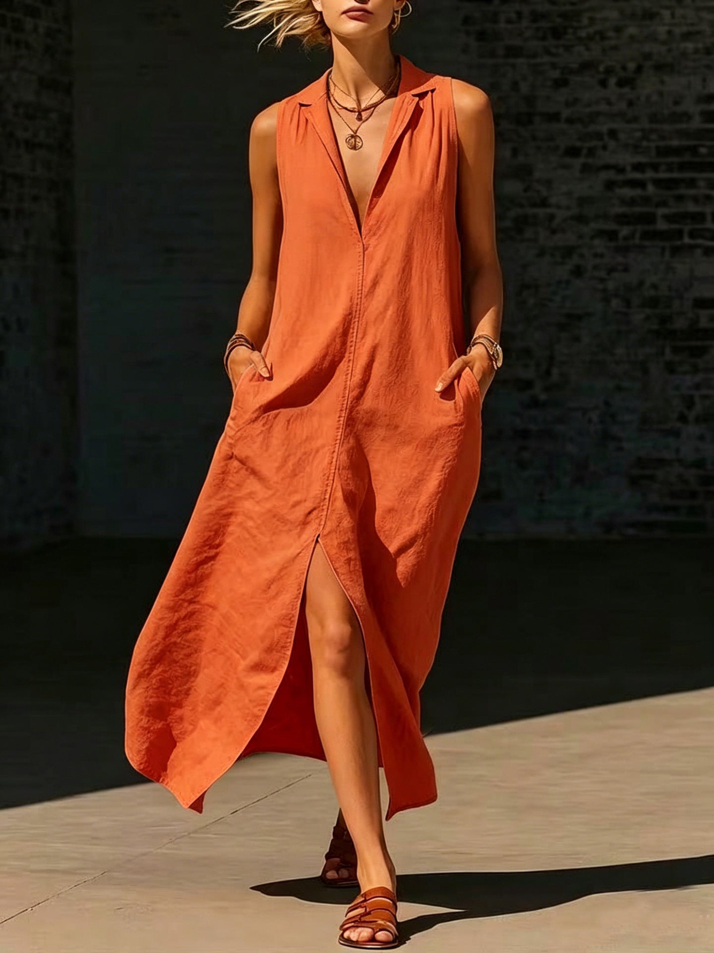 Women's Sleeveless Lapel Slit Pocket Ladies Long Dress