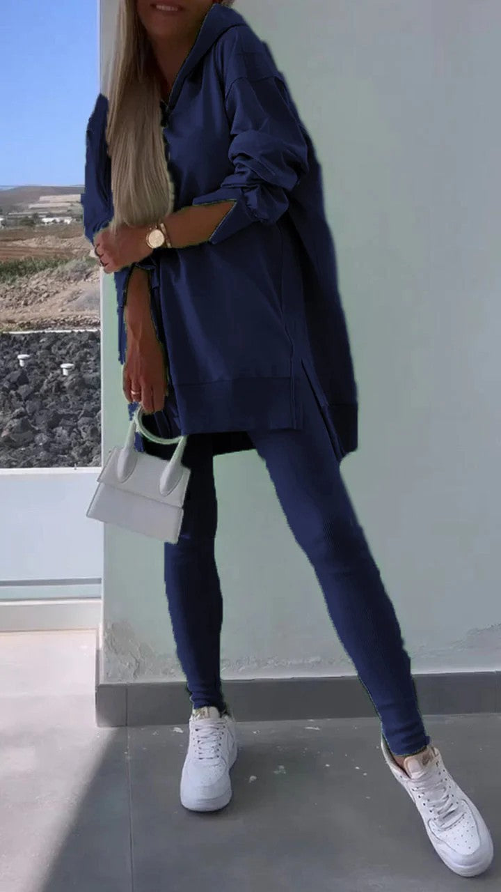 Women's Sports Casual Slit Hooded Tights Two-piece Suits