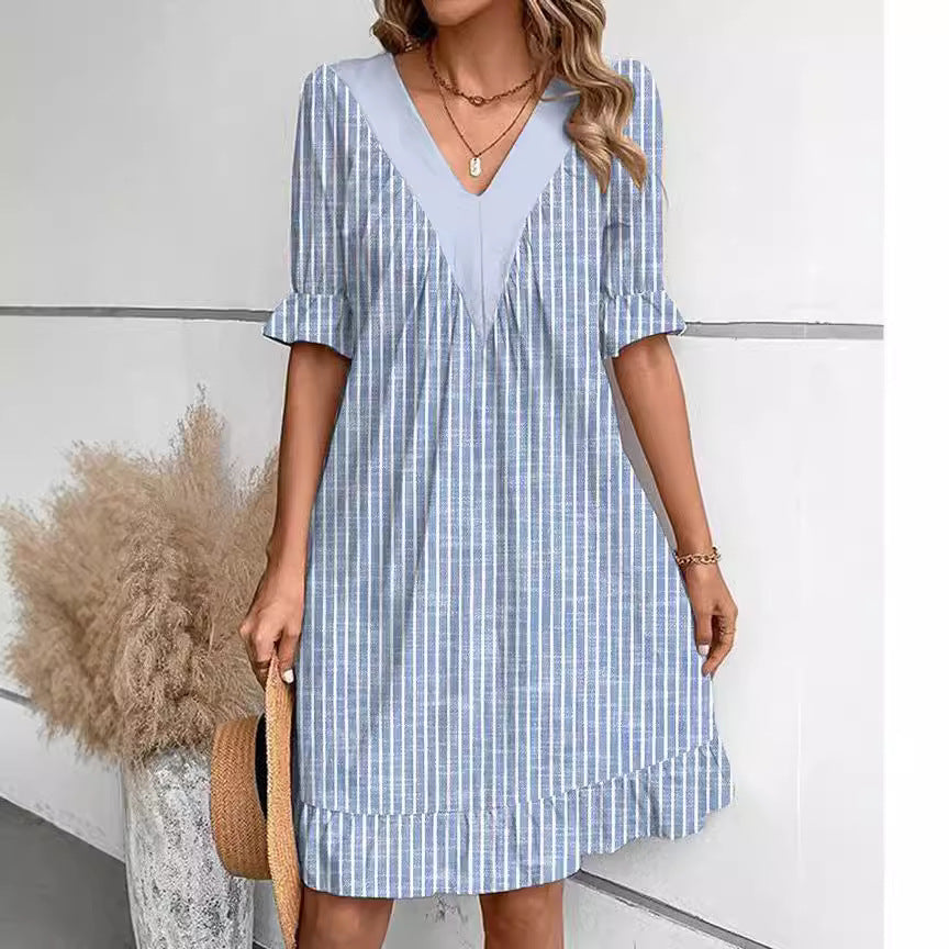 Women's Stitching Printed Ruffle Sleeve Fashionable Elegant Dress