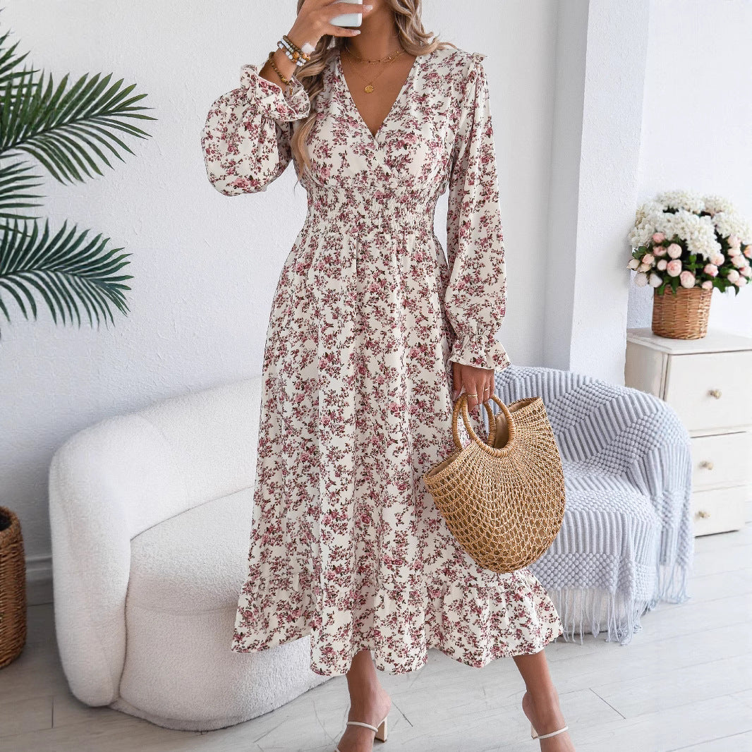 Women's Elegant Floral Cross Waist Trimming Ruffles Dress