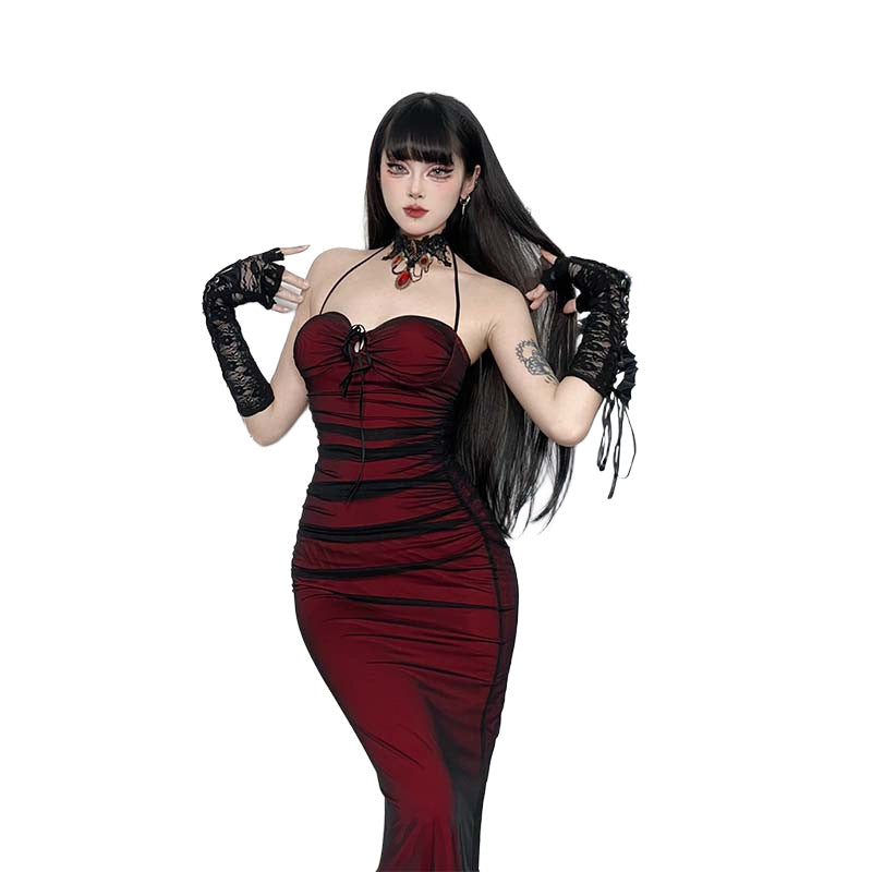 Women's Black Red Halter Mesh Dress Pure Dresses