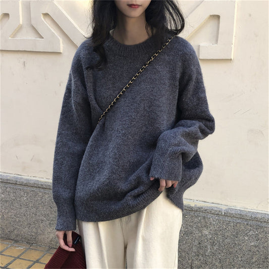 Women's Solid Color Casual Round Neck Pullover Outer Wear Korean Style Sweater