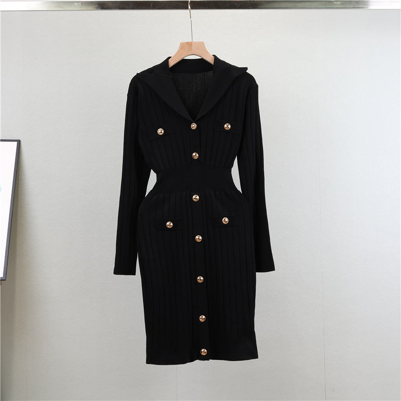 Women's Temperament Long-term Polo Collar Solid Color Dress