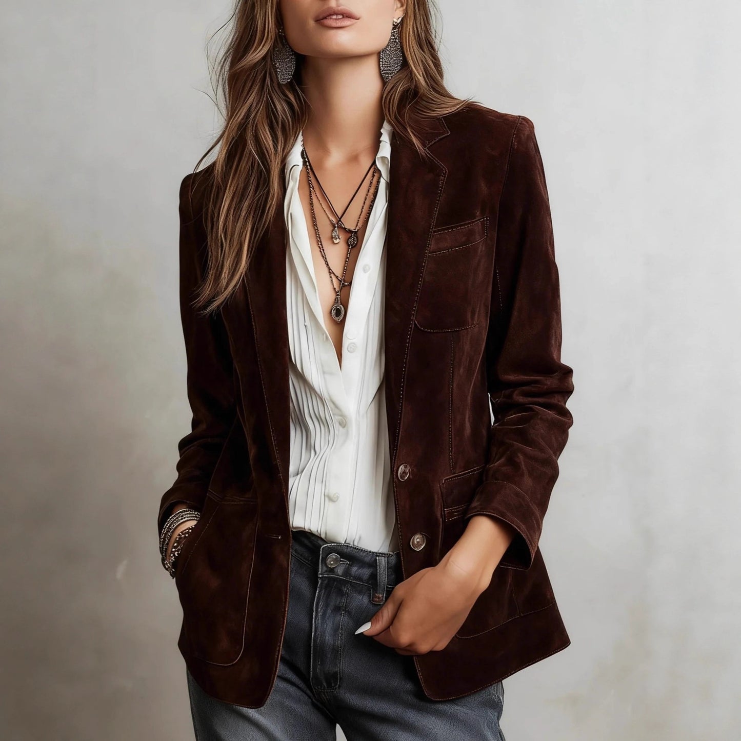 Women's Autumn Elegant Brown Suede With Pockets Coats