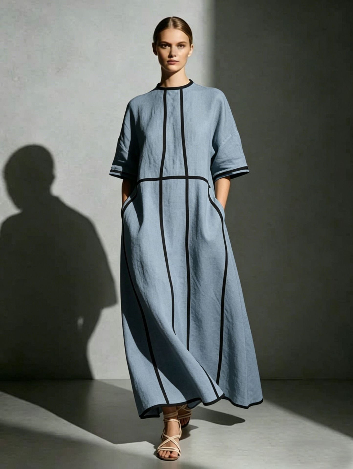 Women's Summer Round Neck Pocket Line Loose Dress