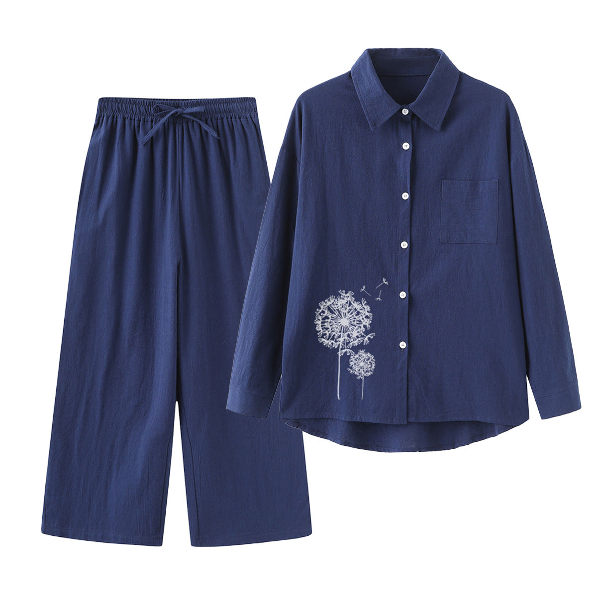 Women's Cotton Linen Shirt Wide Leg Printed Fashion Casual Suit