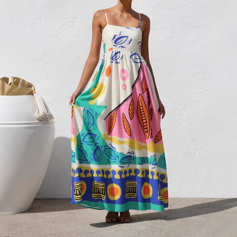 Summer Vacation Style Printing Slip Beach Dress