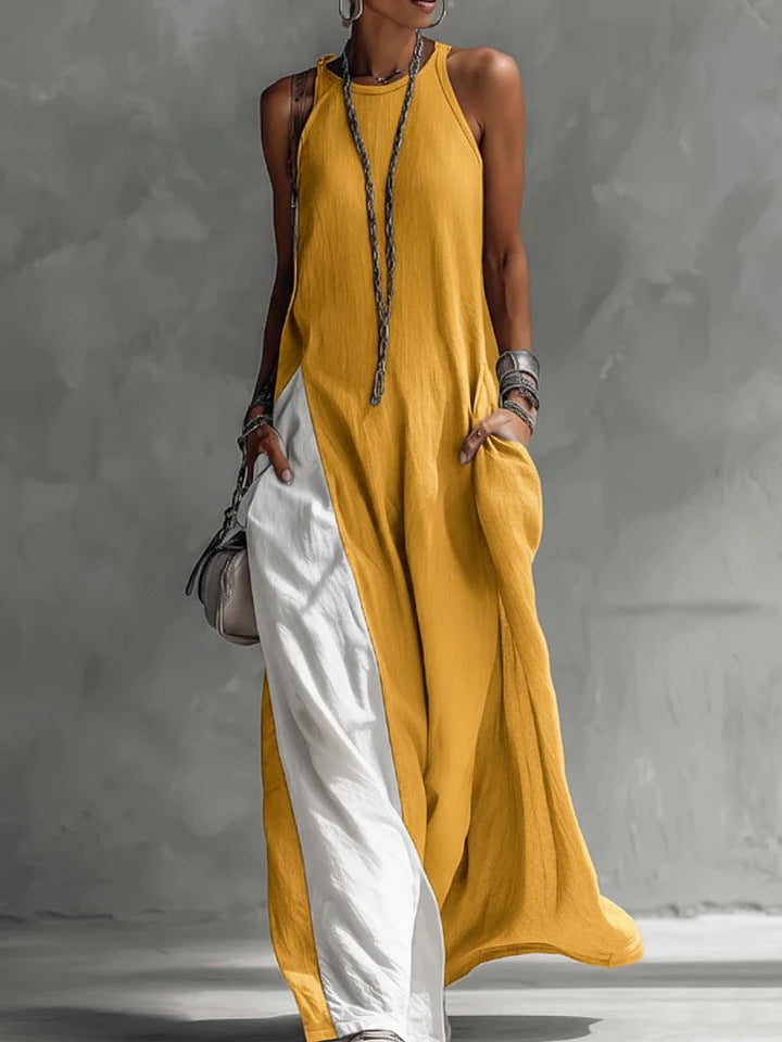 Women's Sleeveless Loose Pockets Contrast Color Casual Dress