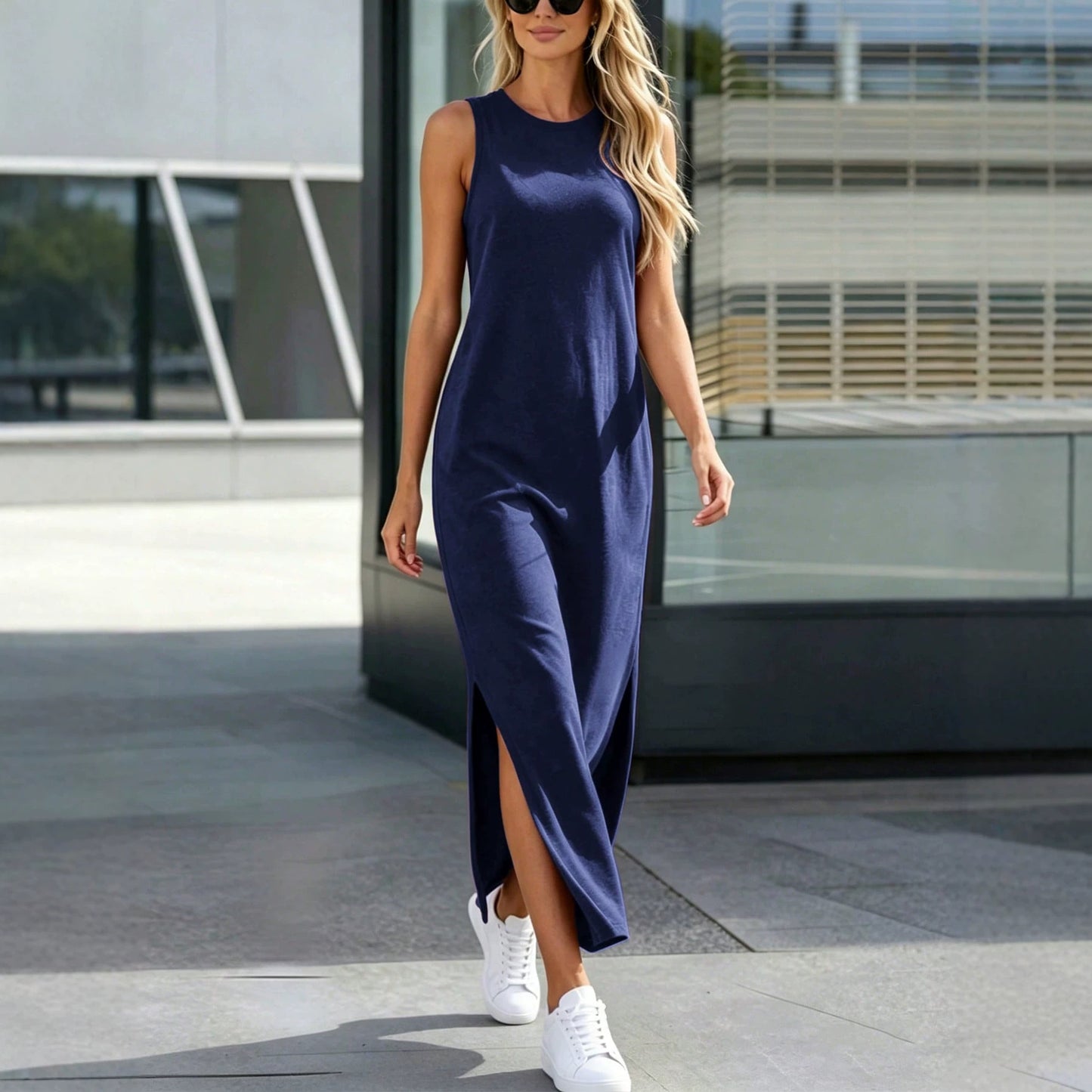 Women's Solid Color Sleeveless Split Long Casual Loose Slimming Dress