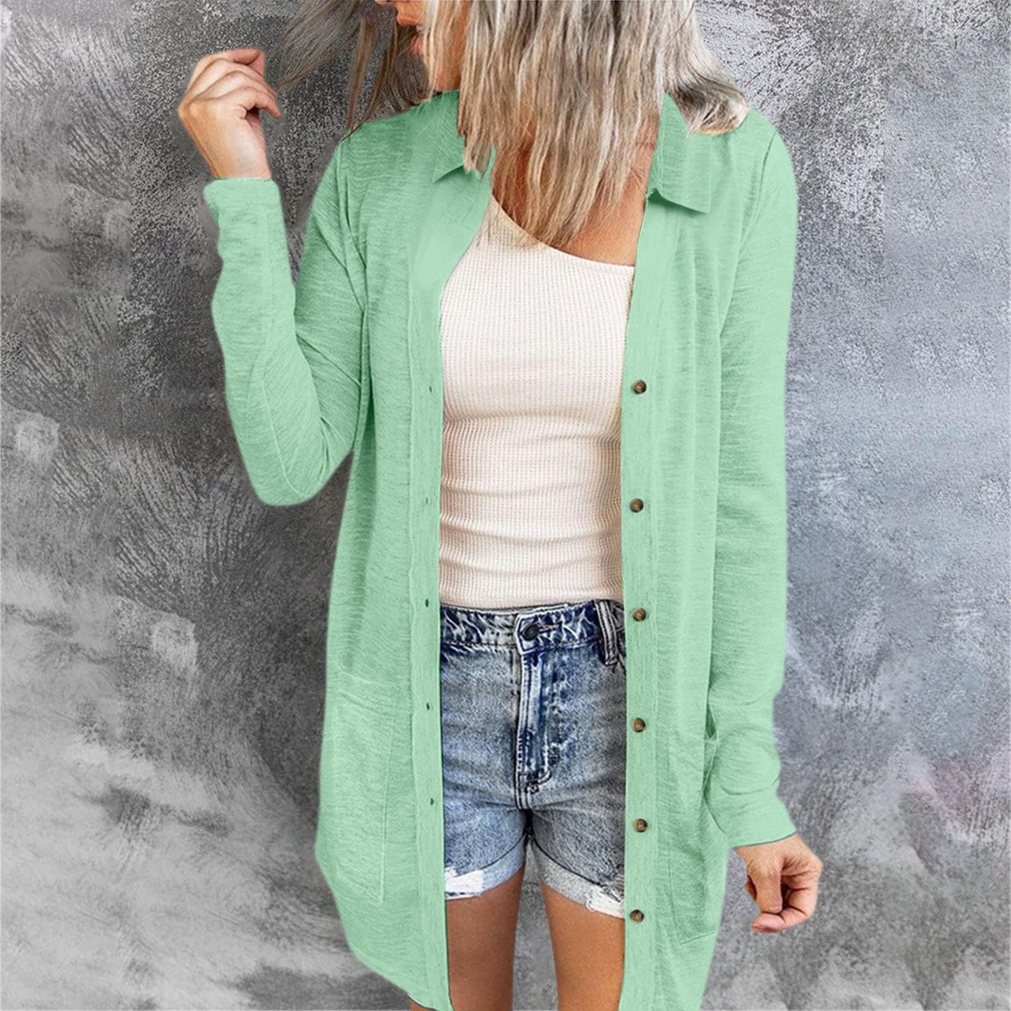 Women's Button Double Pocket Solid Color Casual Polo Collar Long Cardigans