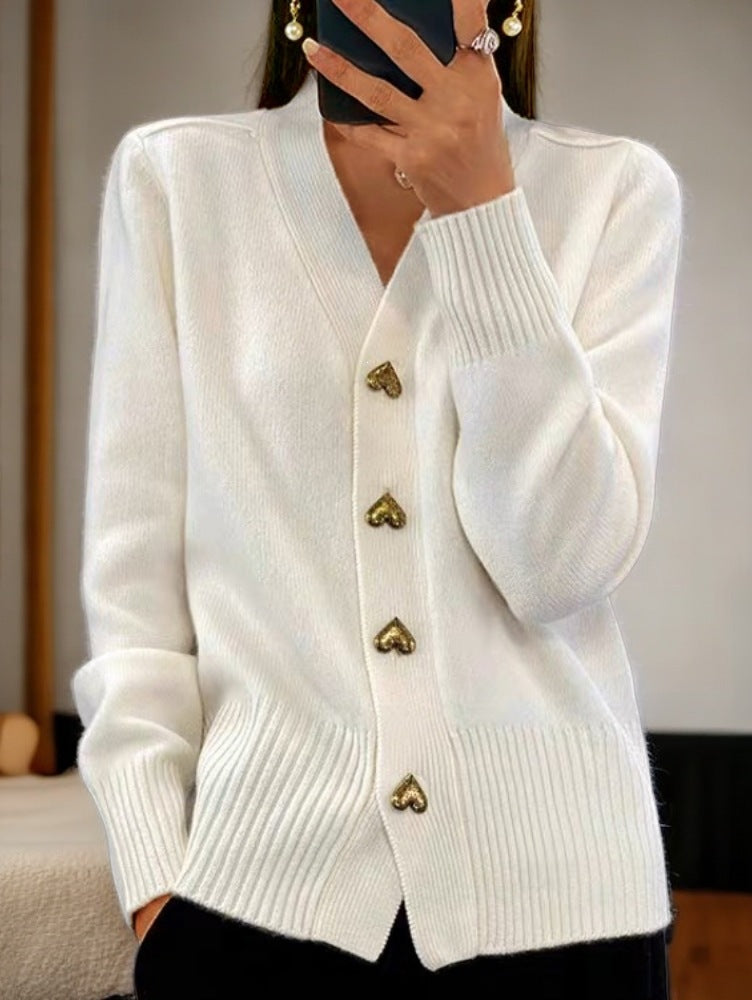 Women's Solid Color Simple Heart Buckle Outer Wear Sweaters