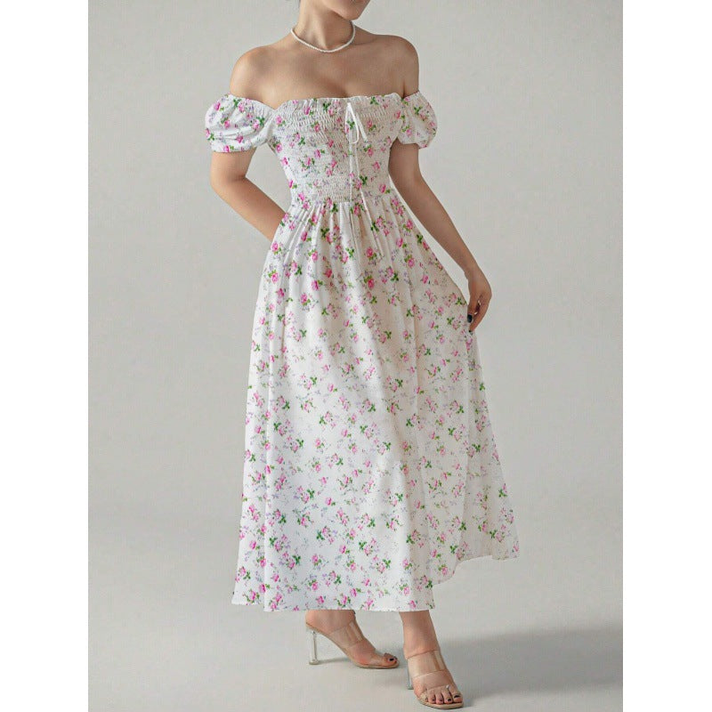 Square Collar Puff Sleeve Printed Elegant Dress