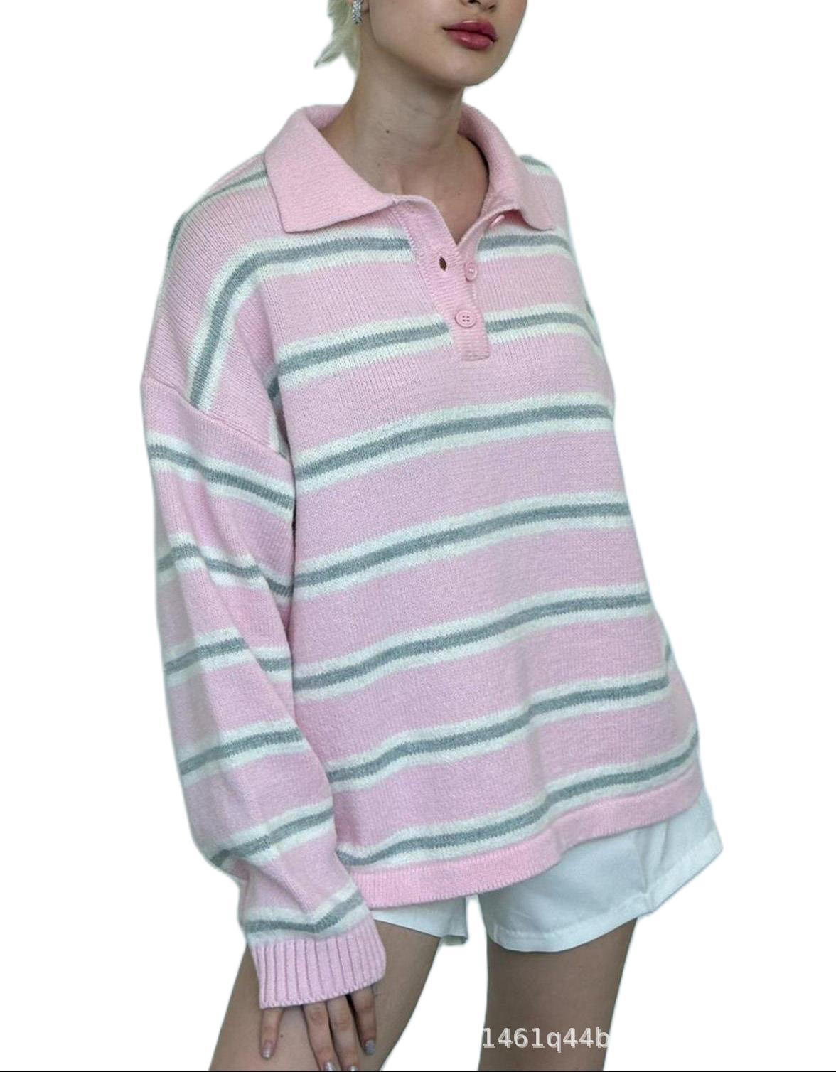 Women's Vintage Stripe Collar Loose Idle Henry Sweater