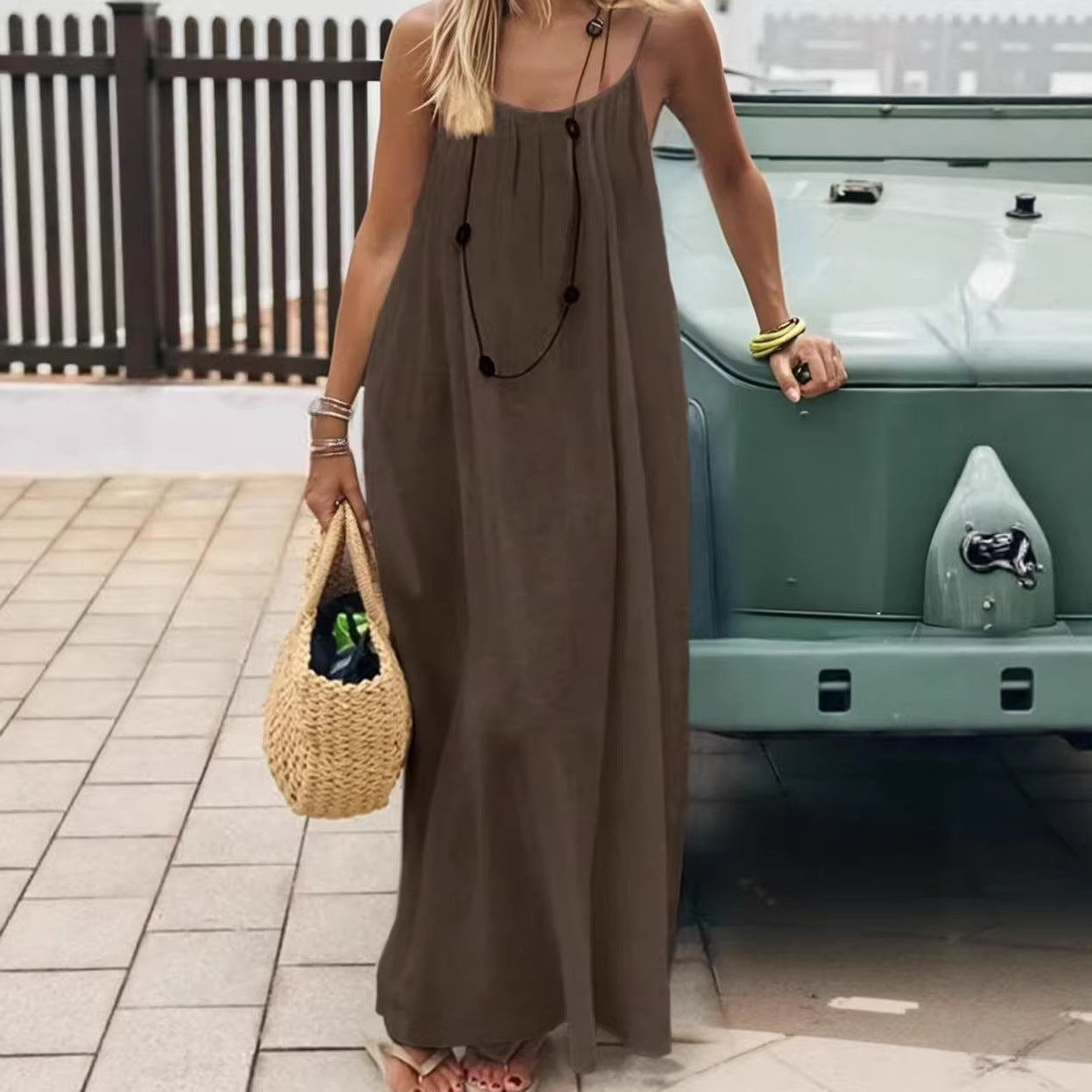 Women's Backless Loose Long Beach Vacation Spaghetti Dress