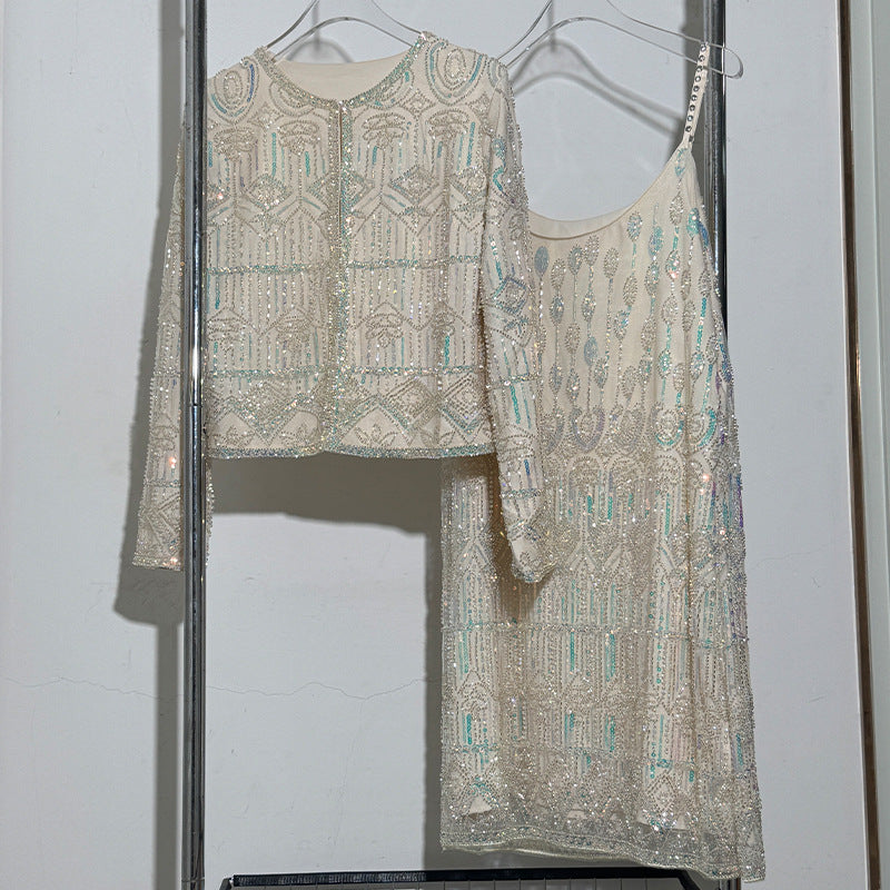 Women's Fashion Beaded Sequins Long-sleeved Stage Strap Dress