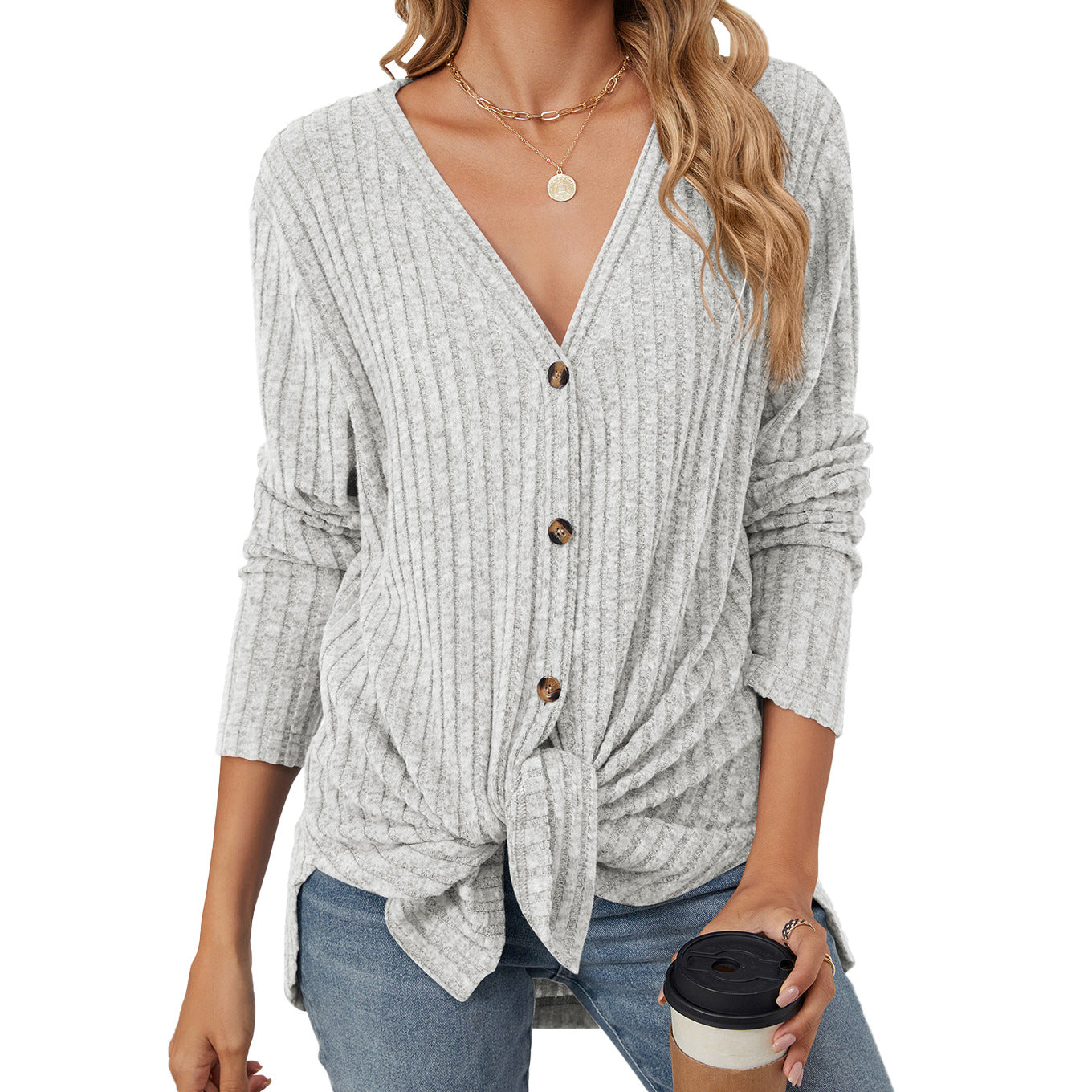 Women's Solid Color Long Sleeve Button Knitted Emerized Women's Sweater