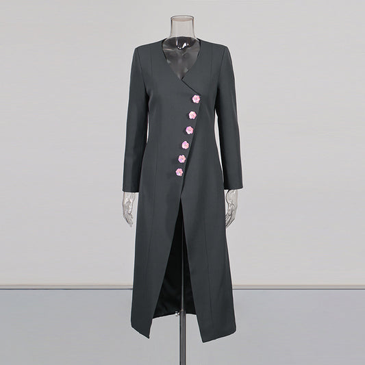 Commute Style Flower Button Stitching Design Solid Color Long Coats
