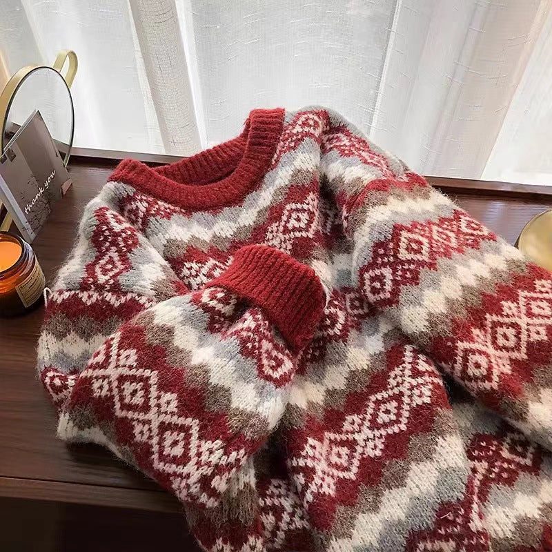 Women's Loose Casual Rhombus Plaid Brocade Outer Wear Idle Style Sweaters