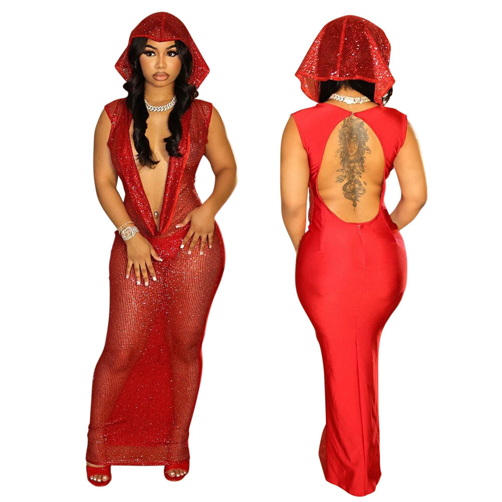Women's Sexy Deep V Sequined Long Dress Dresses
