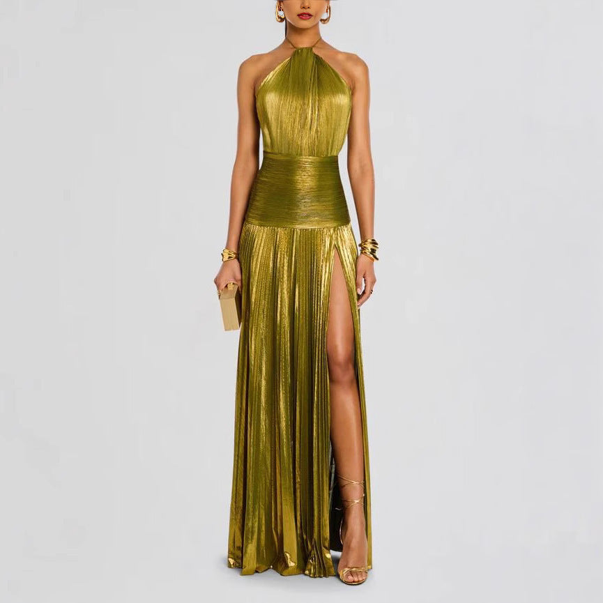 Women's Sleeveless Backless Metallic Pleated Split Halter Dresses