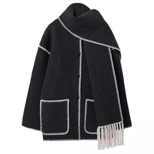 Women's Fashion Woolen Thick Loose With Scarf Coats