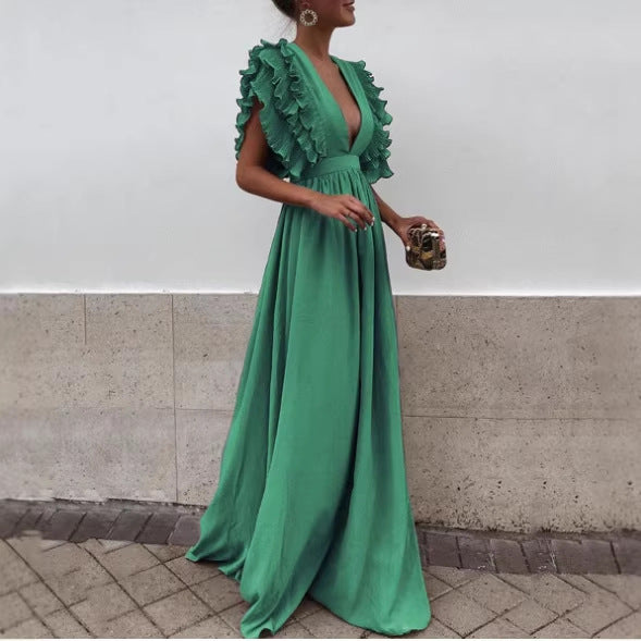 Women's Flying Sleeves Backless Solid Color Long Dress
