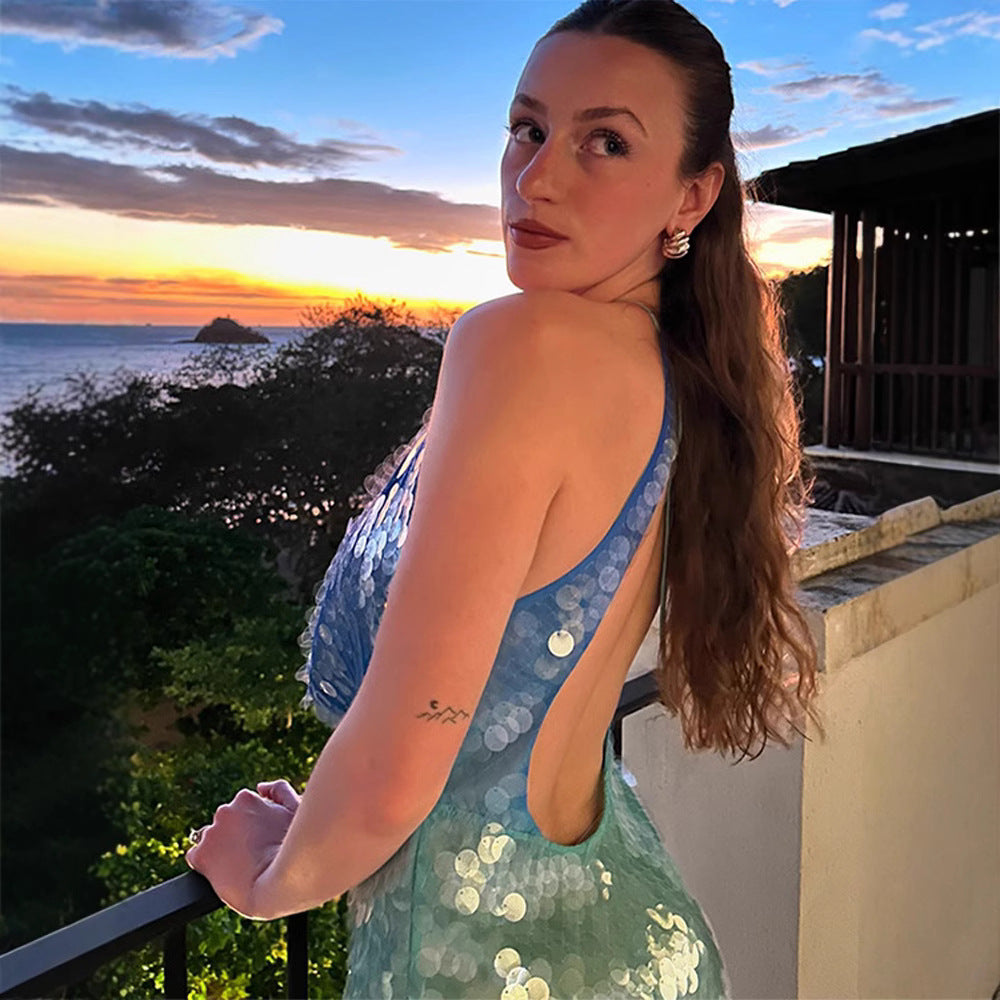 Women's Summer Sexy Cutout Backless Halter Sequin Dresses