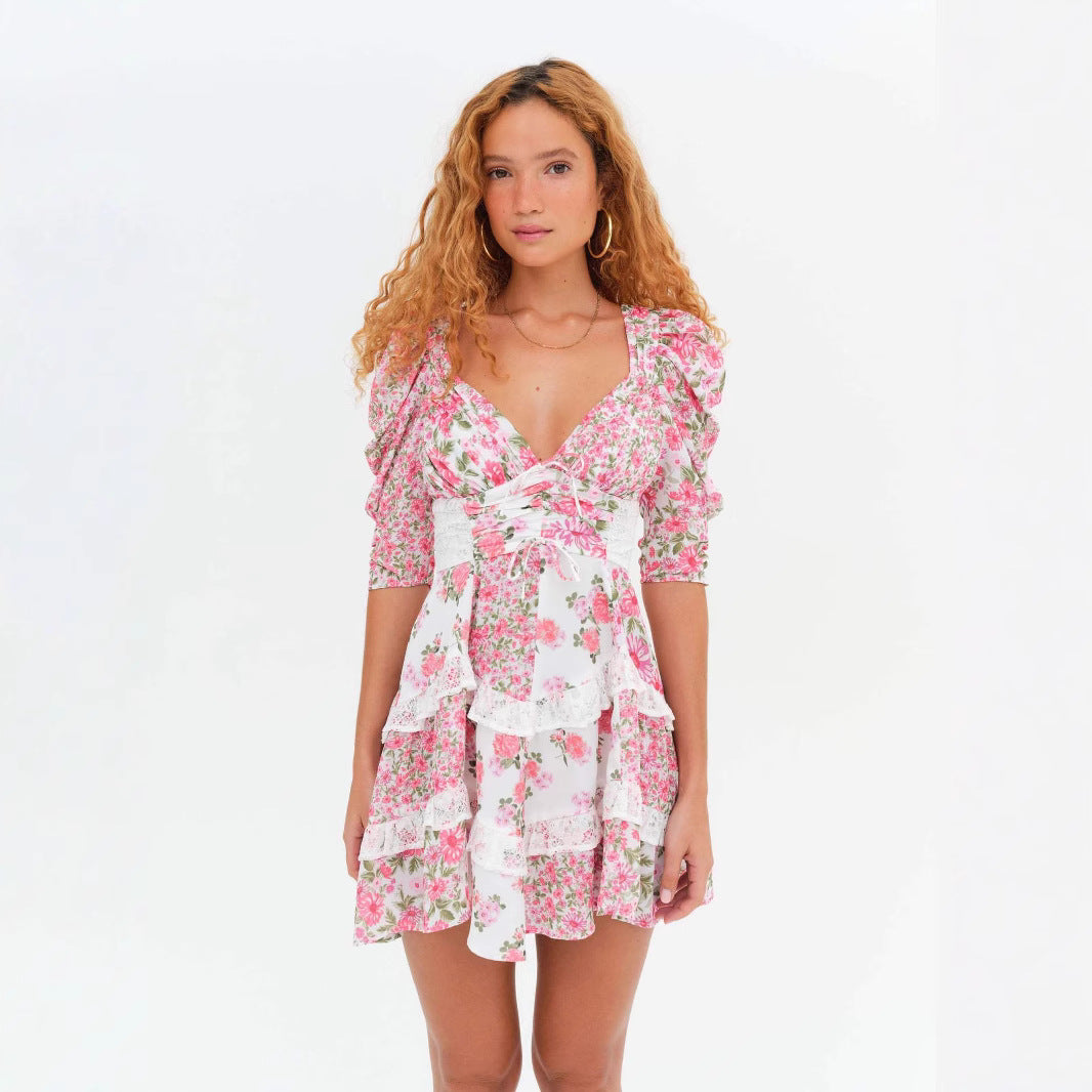 White Porcelain Floral Lace Stitching Dress Female Skirts