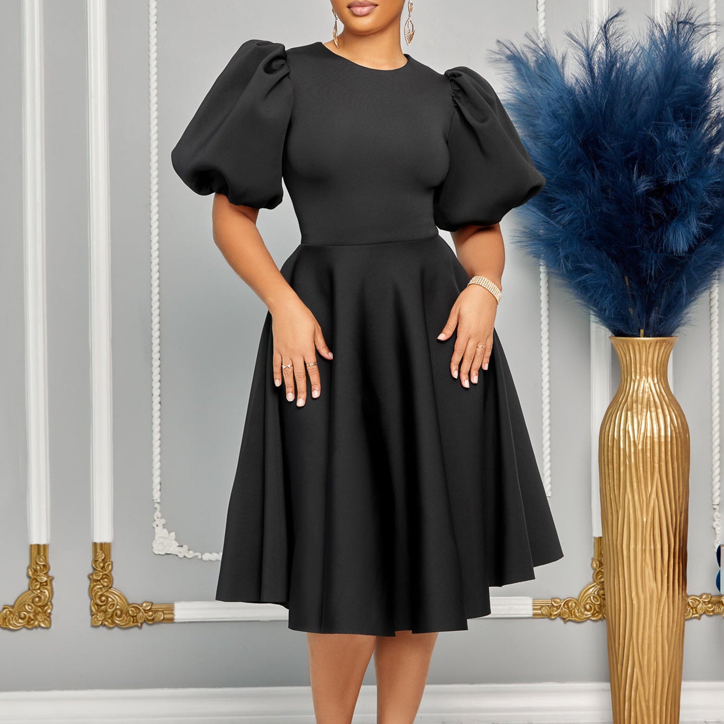 Neck Graceful Puff Sleeve Large Hem Dress