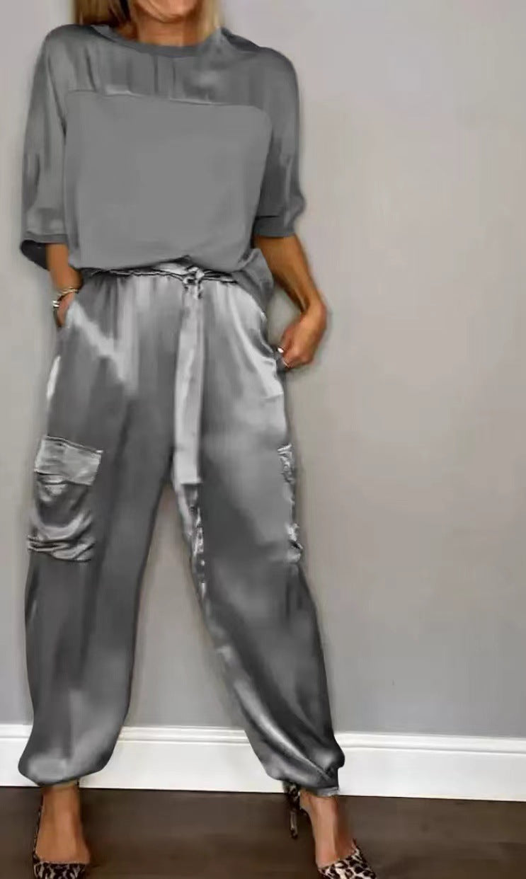 Women's Solid Color Smooth Satin Half Sleeve Shirt Two-piece Fashion Casual Suit