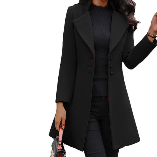 Women's Elegant Mid-length Single-breasted Slim Lapel Woolen Coats