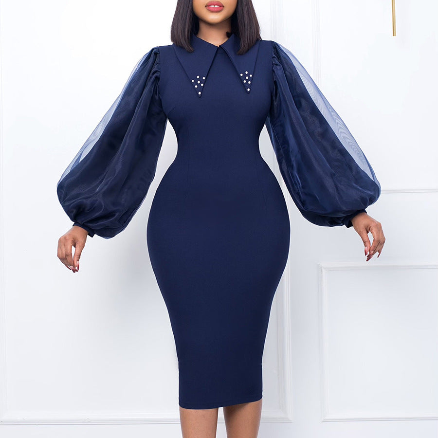 Women's Long-sleeved Large Sheath Beaded Mesh Stitching Commuter Dress