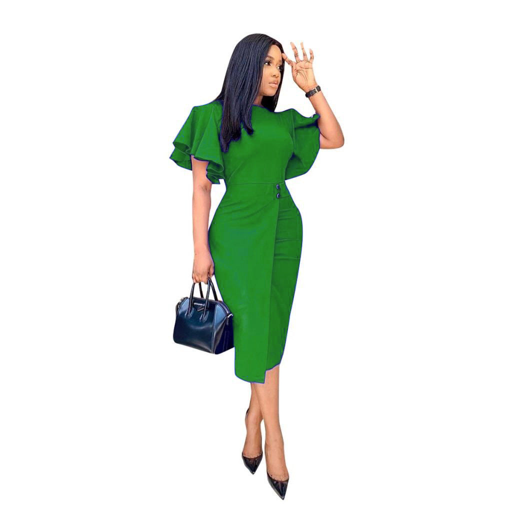 Women's Ruffle Sleeve Split Tight Bandage Professional Solid Color Plus Size