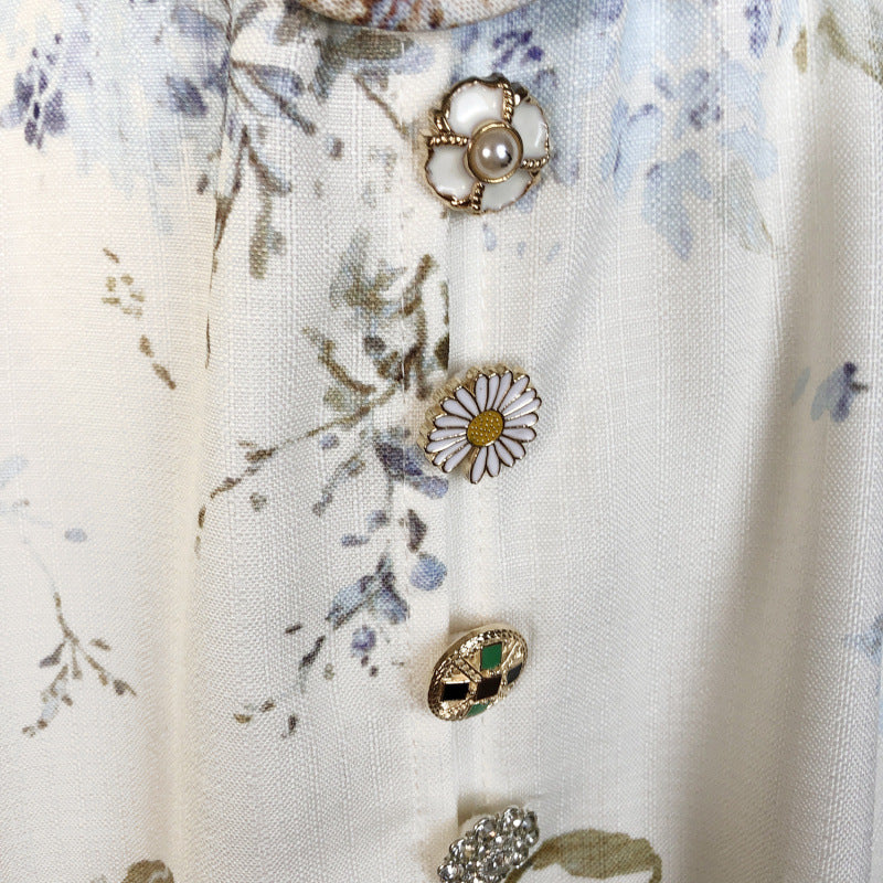 Women's Floral Print Single-breasted Stand-up Collar Puff Dresses