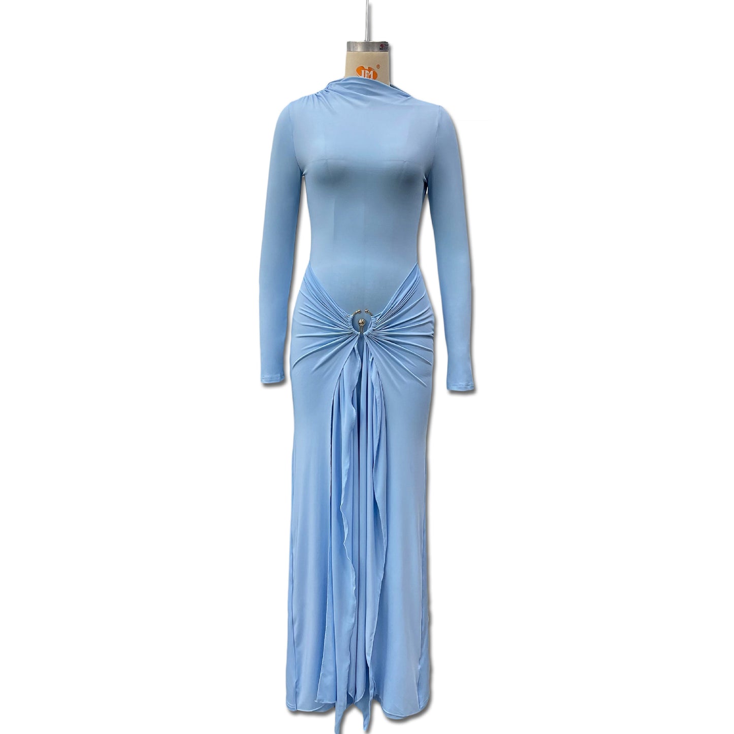 Women's Temperament Pure Color Elegant Long Sleeve Metal Ring Buckle Lace Dress