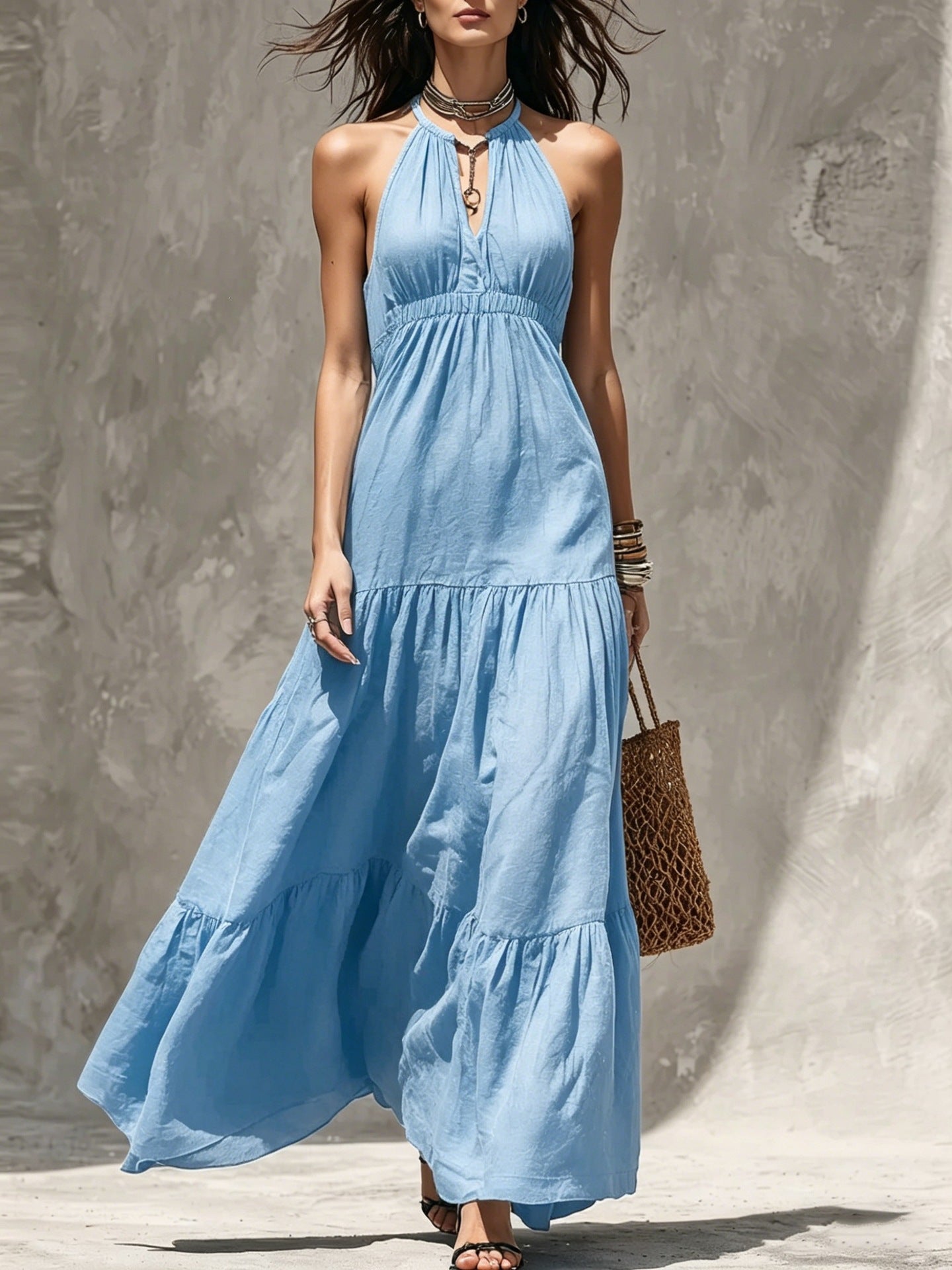 Women's High Waist Stitching Cotton Linen Holiday Dress