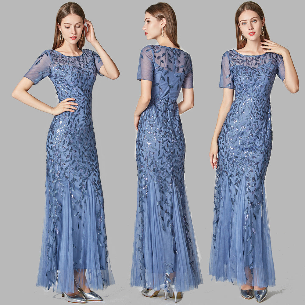 Women's Banquet Host Mesh Sequins Dress Fishtail Dresses